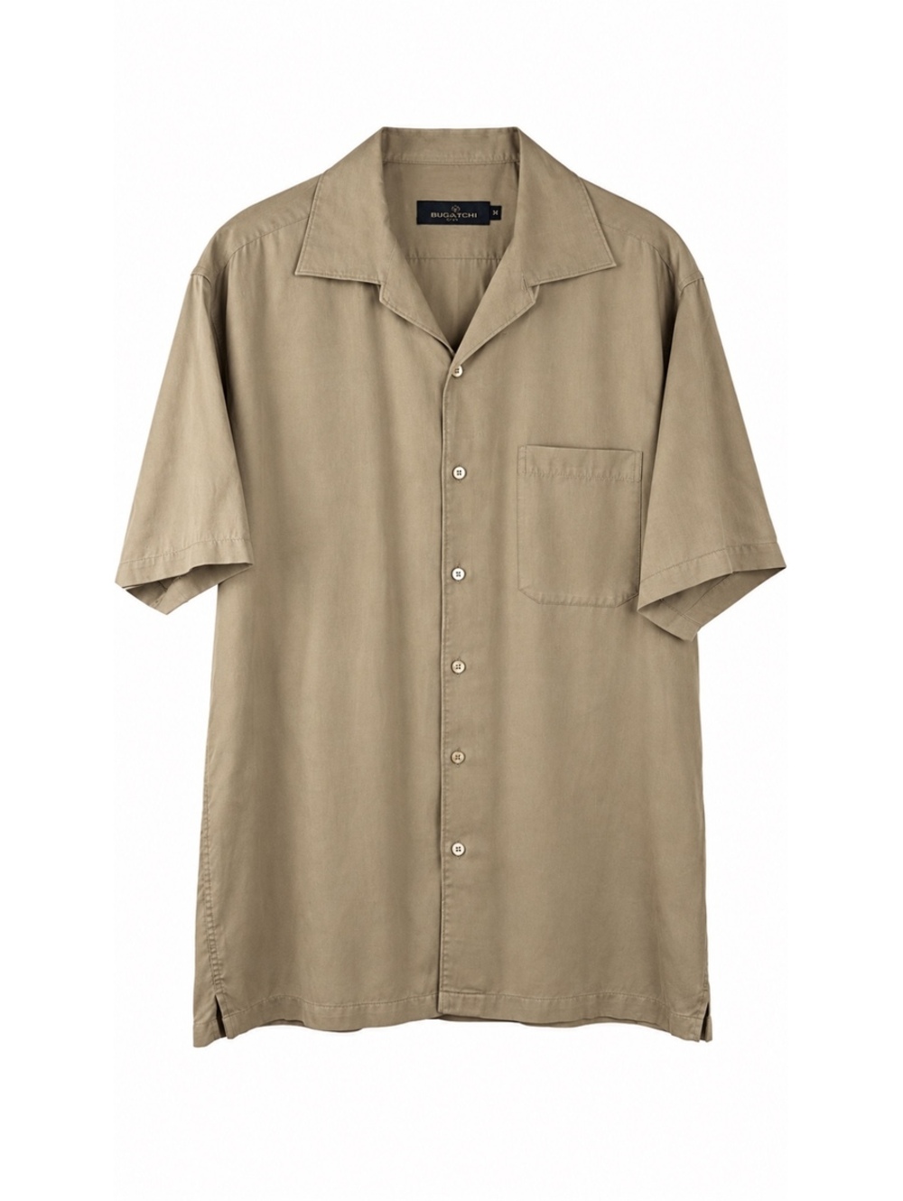 Bugatchi Uomo Men’s M Beige Khaki 100% Tencel Short Sleeve Camp Shirt